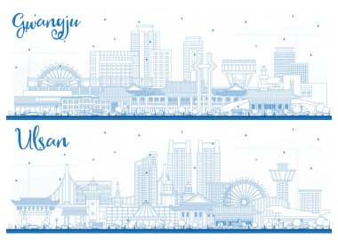 Ana hatlarıyla Ulsan ve Gwangju Güney Kore City Skylines ve Blue Buildings. Tarihi ve Modern Mimariyle İş Seyahat ve Turizm Konsepti.