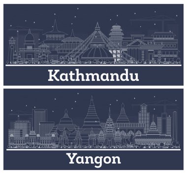 Yangon Myanmar ve Kathmandu Nepal City Skylines ile Beyaz Binalar. Modern Mimariyle İş Seyahatleri ve Turizm Konsepti. Şehir simgelerine sahip şehirler.