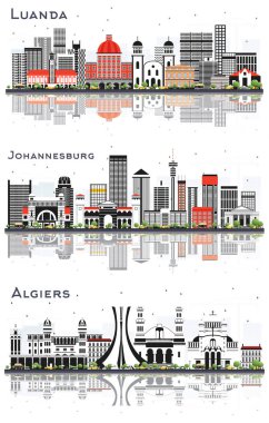 Cezayir Cezayir, Johannesburg Güney Afrika ve Luanda Angola City Skylines Gri Binalar ve Yansımaları Beyazlar Üzerinde İzole Edilmiş.