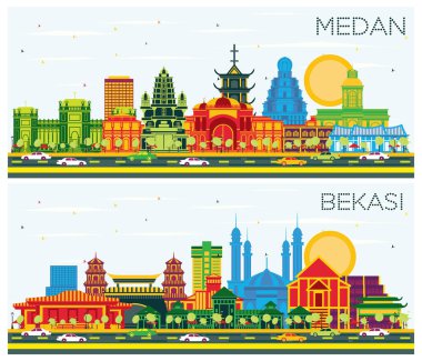 Bekasi ve Medan Endonezya City Skylines ile birlikte Renkli Binalar ve Mavi Gökyüzü. Şehir simgelerine sahip şehirler.