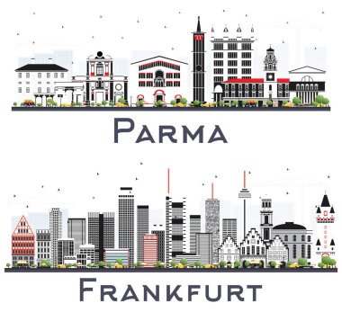 Frankfurt Almanya ve Parma İtalya şehir siluetleri Beyaz Renk Binaları ile izole edilmiş. Modern ve Tarihi Mimariyle İş Seyahat ve Turizm Konsepti. 