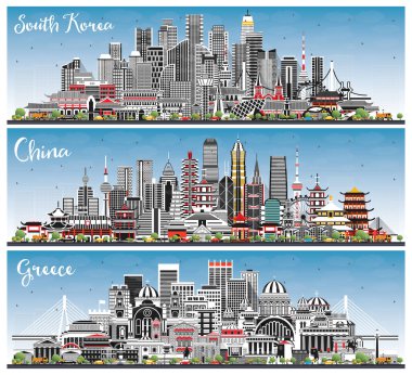 Yunanistan, Çin ve Güney Kore City Skylines Gri Binalar ve Mavi Gökyüzü ile kuruldu. Seul. Busan 'da. Daegu..
