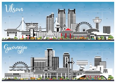 Gwangju ve Ulsan Güney Kore City Skylines ile birlikte Renkli Binalar ve Mavi Gökyüzü. Tarihi ve Modern Mimariyle İş Seyahat ve Turizm Konsepti.