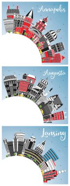 Lansing Michigan, Augusta Maine ve Annapolis Maryland City Skylines ile birlikte Color Buildings, Blue Sky ve Copy Space. Tarihi Mimariyle İş Seyahati ve Turizm Konsepti.