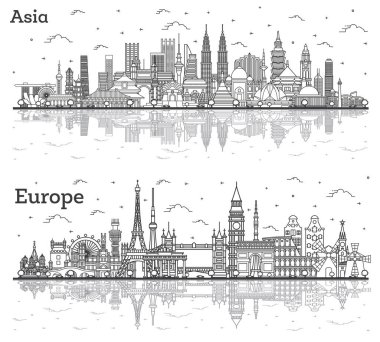 Asya ve Avrupa manzarası. Asya ve Avrupa 'da Yansımalarla Ünlü Simgeler' in ana hatları. İş Seyahat ve Turizm Konsepti. Delhi mi? Pekin 'de. Jakarta. Mumbai.