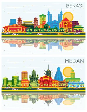 Medan ve Bekasi Endonezya City Skylines Set with Color Buildings, Blue Sky and Reflections. Şehir simgelerine sahip şehirler.