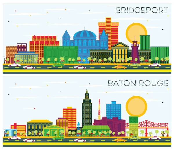 Baton Rouge Louisiana Bridgeport Connecticut City Skylines Set Color Buildings — Foto de Stock