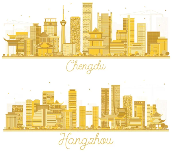 Силуэты Hangzhou Chengdu China City Skyline Set Golden Building Isolated — стоковое фото