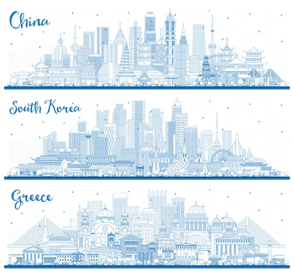 Очертания Южной Кореи Греции Китайского Города Skylines Set Blue Buildings — стоковое фото