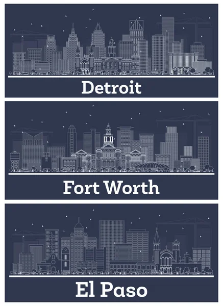 Fort Worth Paso Texas Detroit Michigan City Skylines Set Ile — Stok fotoğraf