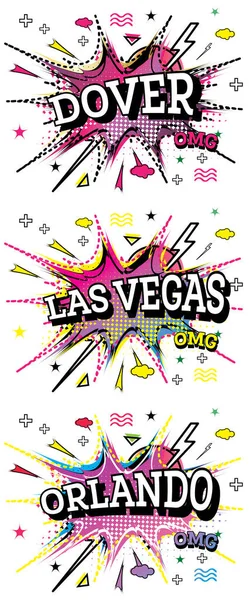 Las Vegas Orlando Dover Comic Text Set Stile Pop Art — Foto Stock