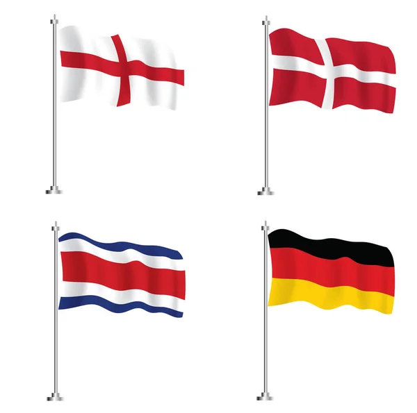 Costa Rica Denmark Germany England Flag Set Isolated Wave Flags — Stock Photo, Image
