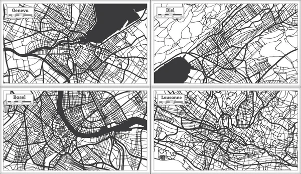Basilea Biel Lausana Ginebra Suiza Mapas Ciudad Set Black White —  Fotos de Stock