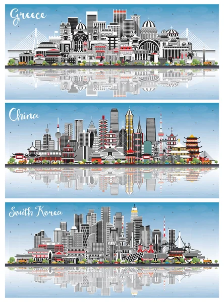 Willkommen Südkorea China Und Griechenland City Skylines Mit Grauen Gebäuden — Stockfoto