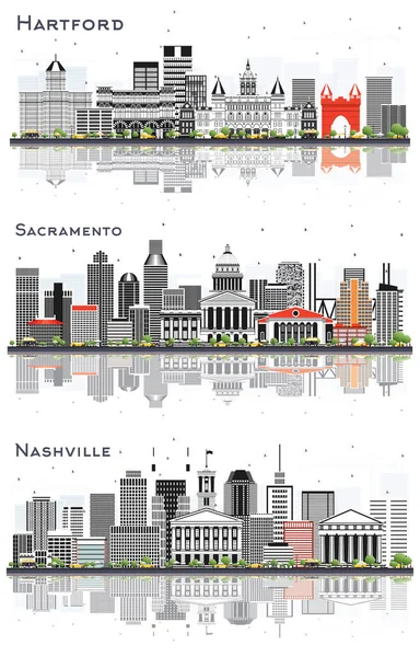 Sacramento California Nashville Tennessee Hartford Connecticut City Skylines Set Gray — Stock Fotó