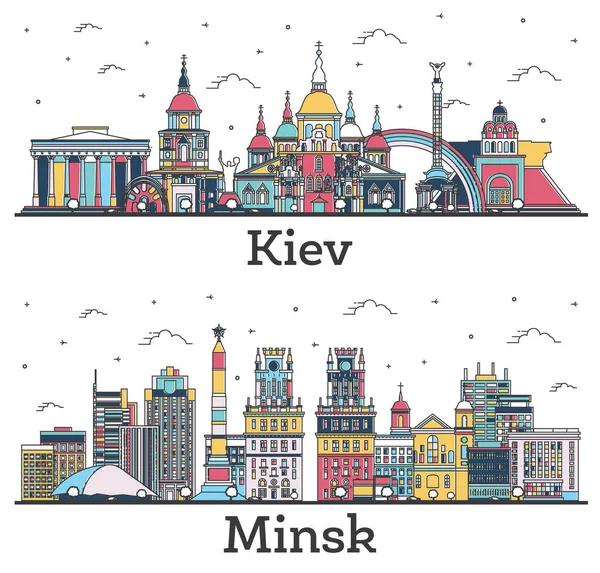 Outline Minsk Wit Rusland Kiev Oekraïne City Skylines Set Met — Stockfoto