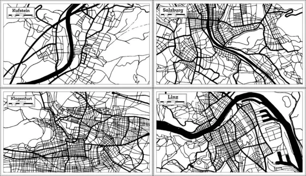 Salzburg Klagenfurt Linz Kufstein Austria City Maps Set Black White — Stock Photo, Image