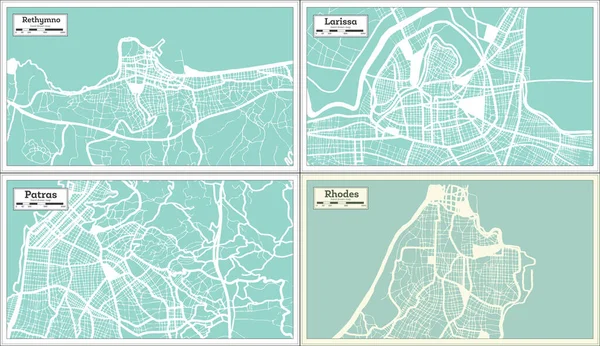 Larissa Patras Rhodos Rethymno Greece City Maps Set Retro Style — Stockfoto