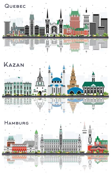 Kazan Ryssland Hamburg Tyskland Och Quebec Kanada City Skylines Set — Stockfoto