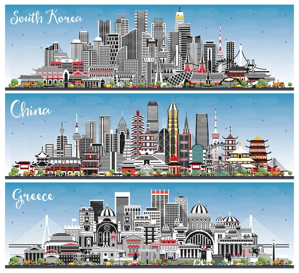 Griechenland China Und Südkorea City Skylines Mit Grauen Gebäuden Und — Stockfoto