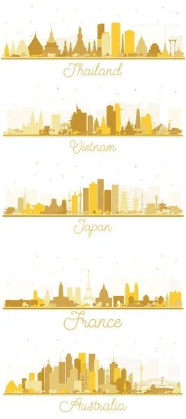 澳大利亚 越南和泰国城市天际线轮廓设置与白色孤立的金楼 — 图库照片