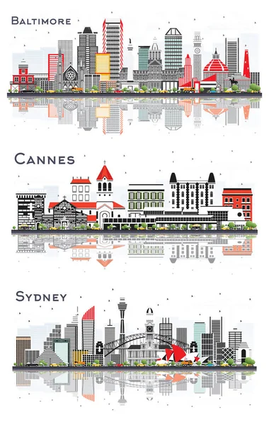 Cannes France, Sydney Australia and Baltimore Maryland City Skylines Set with Gray Buildings and Reflections Isolated on White.