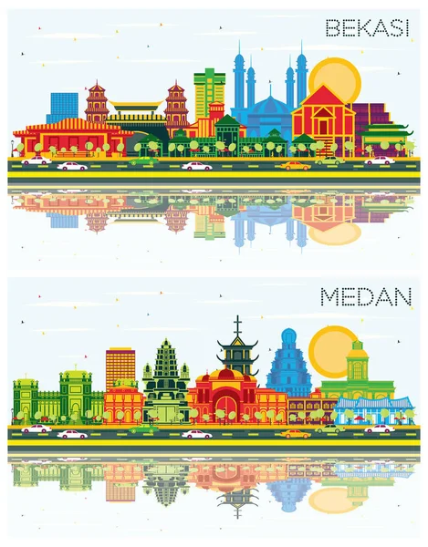 Medan Och Bekasi Indonesia City Skylines Set Med Color Buildings — Stockfoto