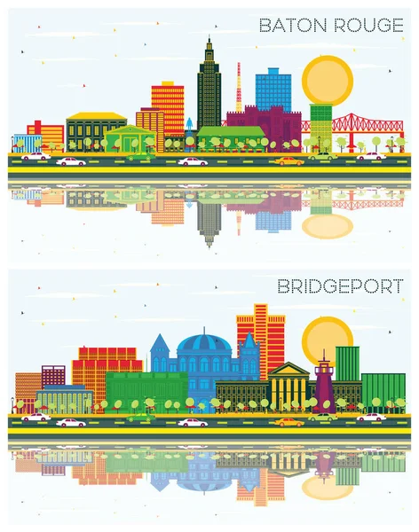 Bridgeport Connecticut Baton Rouge Louisiana City Skylines Set Color Buildings — Stok fotoğraf