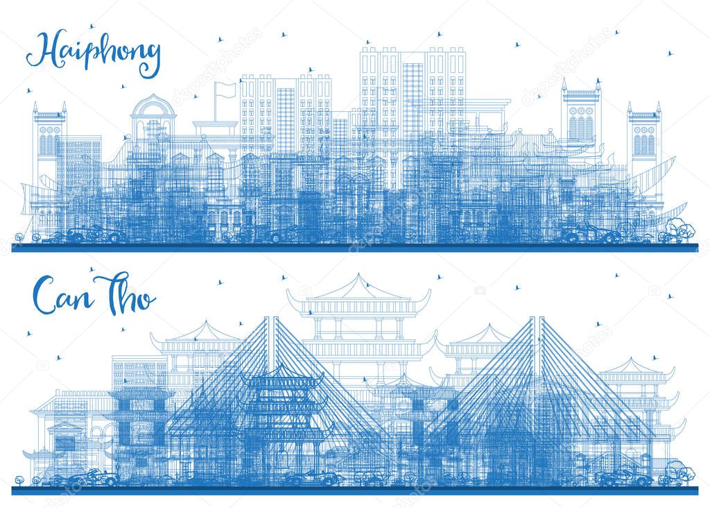 Outline Can Tho and Haiphong Vietnam City Skylines Set with Blue Buildings. Cityscapes with Landmarks.