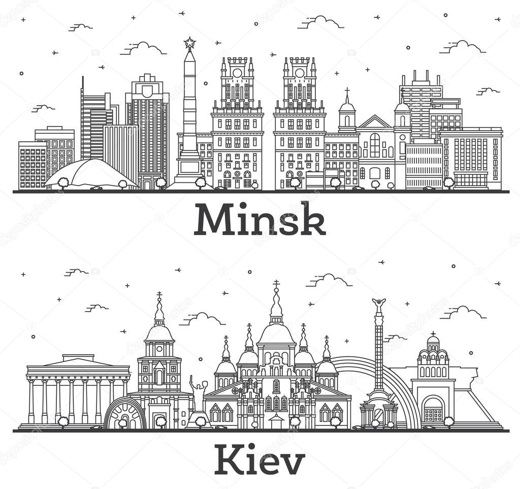 Outline Kiev Ukraine and Minsk Belarus City Skylines Set with Modern Buildings Isolated on White. Cityscapes with Landmarks.