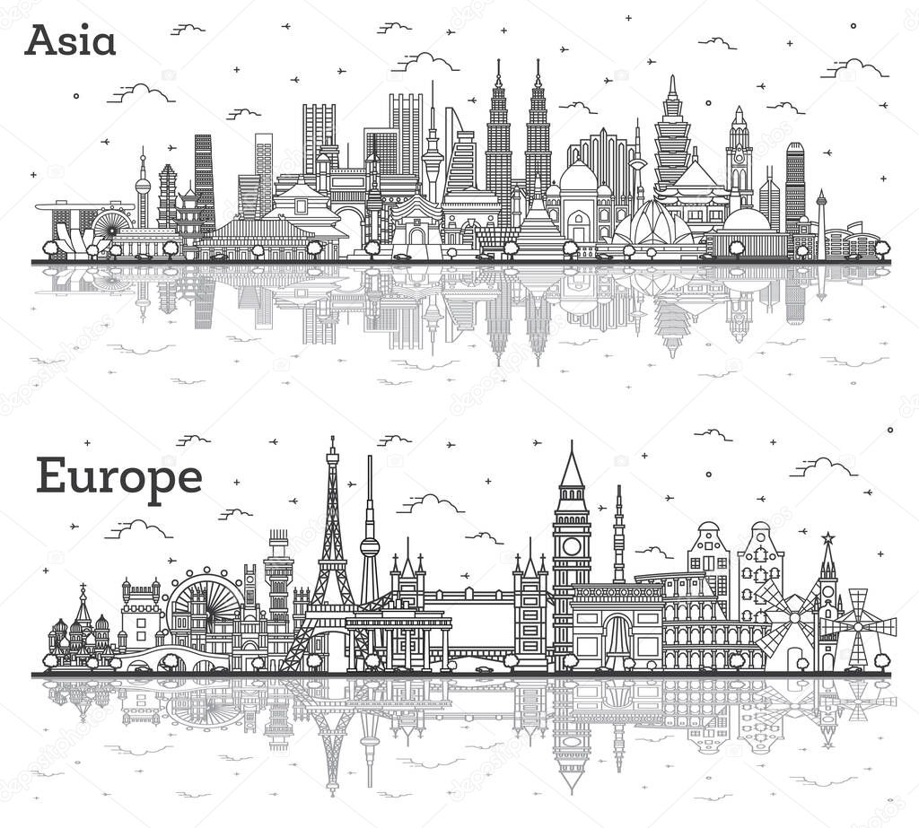 Asian and European Landscape. Outline Famous Landmarks in Asia and Europe with Reflections. Business Travel and Tourism Concept. Delhi. Beijing. Jakarta. Mumbai.