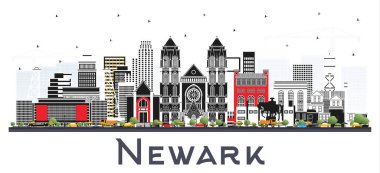 Newark New Jersey City Skyline 'ı, Renkli Binalar ise beyazlar üzerinde izole edilmiş. Vektör İllüstrasyonu. Tarihi Simgeli Newark Şehir Manzarası. Modern Mimariyle İş Seyahati ve Turizm Konsepti.