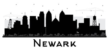 Newark New Jersey City Skyline Silhouette ve White 'ta izole edilmiş siyah binalar. Vektör İllüstrasyonu. Tarihi Simgeli Newark Şehir Manzarası. Modern Mimariyle İş Seyahati ve Turizm Konsepti.
