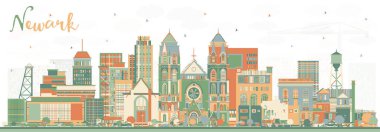Renkli binaları olan Newark New Jersey şehrinin silueti. Vektör İllüstrasyonu. Tarihi Simgeli Newark Şehir Manzarası. Modern Mimariyle İş Seyahati ve Turizm Konsepti.