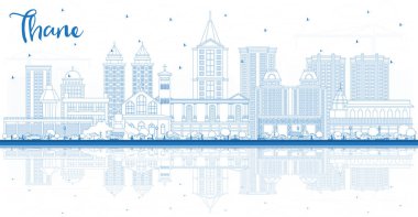 Thane India City Skyline 'ın ana hatları Mavi Binalar ve Yansımalar. Vektör İllüstrasyonu. Tarihi ve Modern Mimariyle İş Seyahat ve Turizm Konsepti. Simgeli Thane Şehir Alanı.