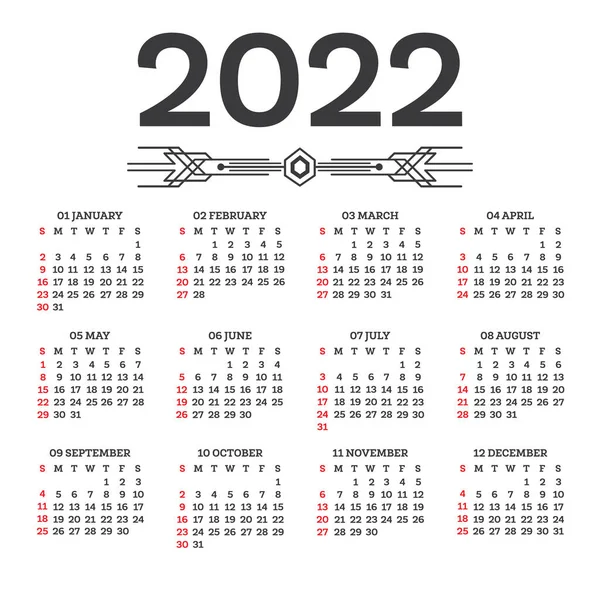 Kalender 2022 Isoliert Auf Weißem Hintergrund Die Woche Beginnt Sonntag — Stockvektor