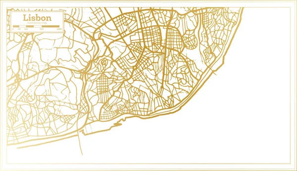 Карта Города Лиссабона Португалия Стиле Ретро Золотом Цвете Карта Контуров — стоковый вектор