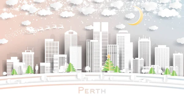 Perth Australia City Skyline Style Paper Cut Avec Flocons Neige — Image vectorielle