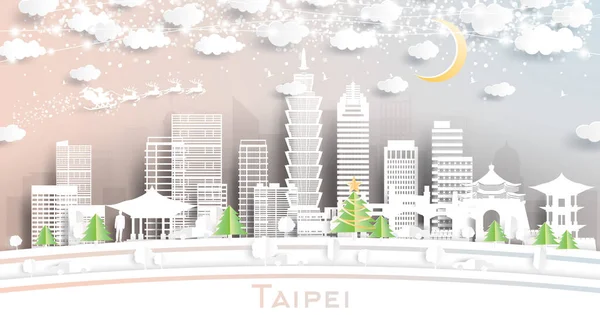 Taipei Taiwan City Skyline Paper Cut Stil Mit Schneeflocken Mond — Stockvektor