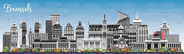 Brüksel Belçika 'nın Renkli Binaları ve Mavi Gökyüzü ile Skyline şehri. Vektör İllüstrasyonu. Tarihi Eserleri Olan Brüksel Şehri. Tarihi Mimariyle İş Seyahati ve Turizm Konsepti.