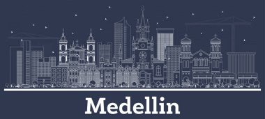 Medellin Kolombiya Şehri Skyline ve Beyaz Binalar. Vektör İllüstrasyonu. Tarihi Mimariyle İş Seyahati ve Kavram. Tarihi Simgelerle Medellin Şehir Manzarası.