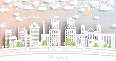 Minsk Belarus Şehri, Kar Taneleri, Ay ve Neon Garland ile Kağıt Kesiği Tarzı ile Gökyüzü. Vektör İllüstrasyonu. Noel ve Yeni Yıl Kavramı. Noel Baba Kızakta.