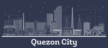 Quezon City Filipinleri, Beyaz Binalarla Skyline 'ın taslağı. Vektör İllüstrasyonu. Tarihi Mimariyle İş Seyahati ve Kavram. Yer İmlerine sahip şehir manzarası.