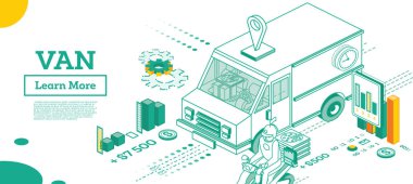 Minibüs arabası. Isometric Ticari Nakliye. Vektör İllüstrasyonu. Lojistik Sistemin Infographic Element. Mal Taşıma Arabası. Pizzalı scooter. Teslimat Konsepti.