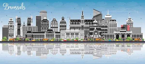 Brussels Belgium City Skyline Kolorowymi Budynkami Niebieskim Niebem Refleksjami Ilustracja — Wektor stockowy
