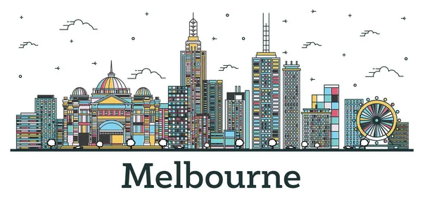 Delineamento Melbourne Australia City Skyline Com Edifícios Coloridos Isolados Branco —  Vetores de Stock