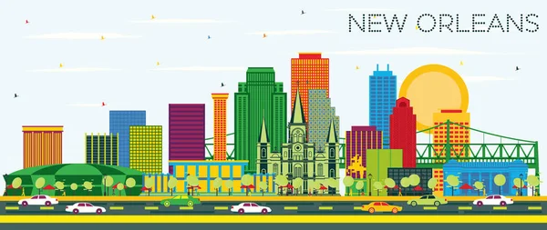 New Orleans Louisiana City Skyline Med Color Buildings Och Blue — Stock vektor