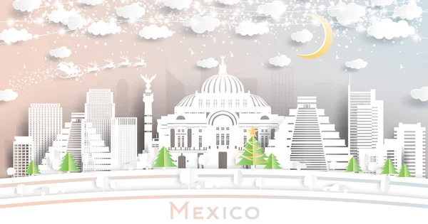 Mexico City Skyline Paper Cut Style Snowflakes Moon Neon Garland — Stock Vector