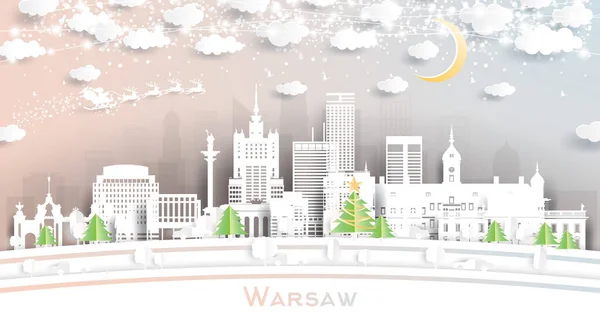 Varsovie Pologne City Skyline Style Paper Cut Avec Flocons Neige — Image vectorielle