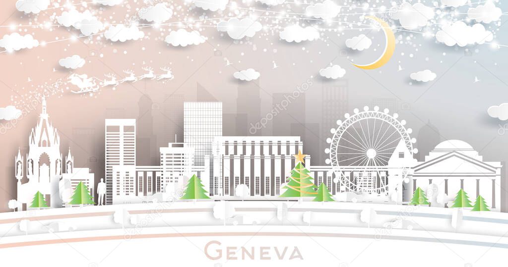 Geneva Switzerland City Skyline in Paper Cut Style with Snowflakes, Moon and Neon Garland. Vector Illustration. Christmas and New Year Concept. Santa Claus on Sleigh.